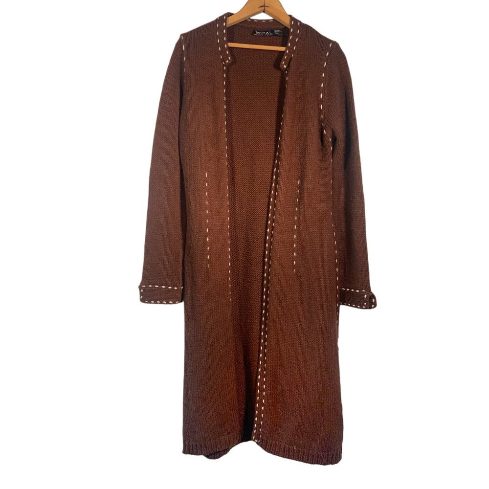 Mikai Brown Long Sweater Cardigan Jacket with white stitch detail MEDIUM